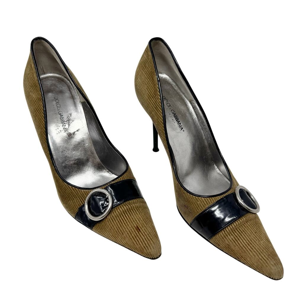 Dolce & Gabbana Vintage Y2K Corduroy Pointed Toe Pumps Tan Black Buckle Heels 39